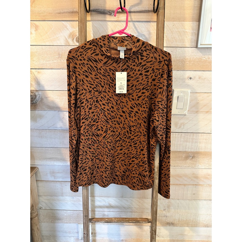 A New Day Womens XL Brown Animal Print Mock Neck Long Sleeve Mesh Top NWT